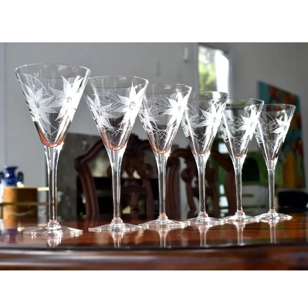 Set of 6 Hand-Blown & Etched Water Goblets – UNK257 Pattern